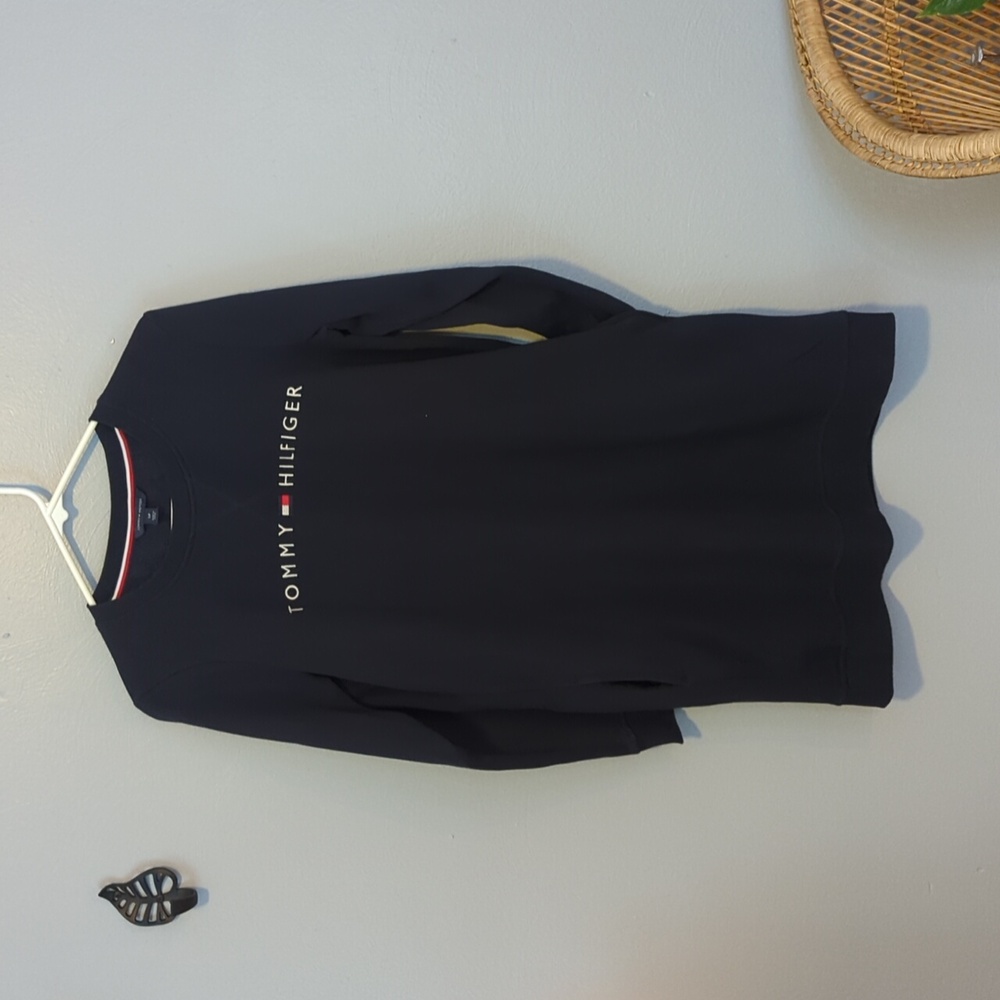 Tommy Hilfiger Embroidered Spell Out Long Sleeve Navy Sweater Dress Pockets S